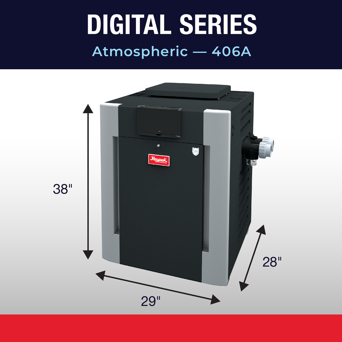 Raypak 406A gas pool heater dimension drawing with cabinet height, width and depth