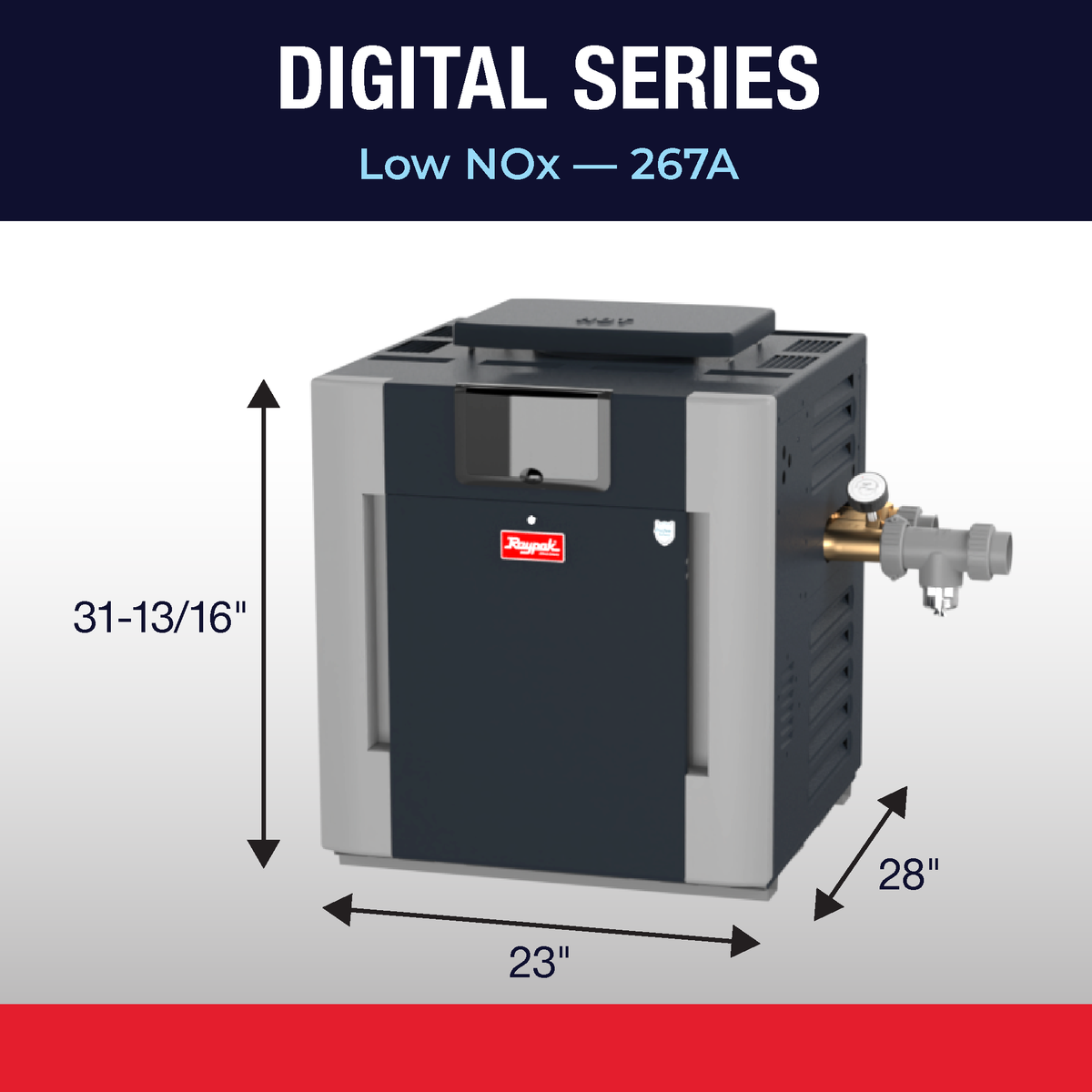 Raypak 267A gas pool heater dimension drawing with cabinet height, width and depth