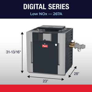 Raypak 267A gas pool heater dimension drawing with cabinet height, width and depth