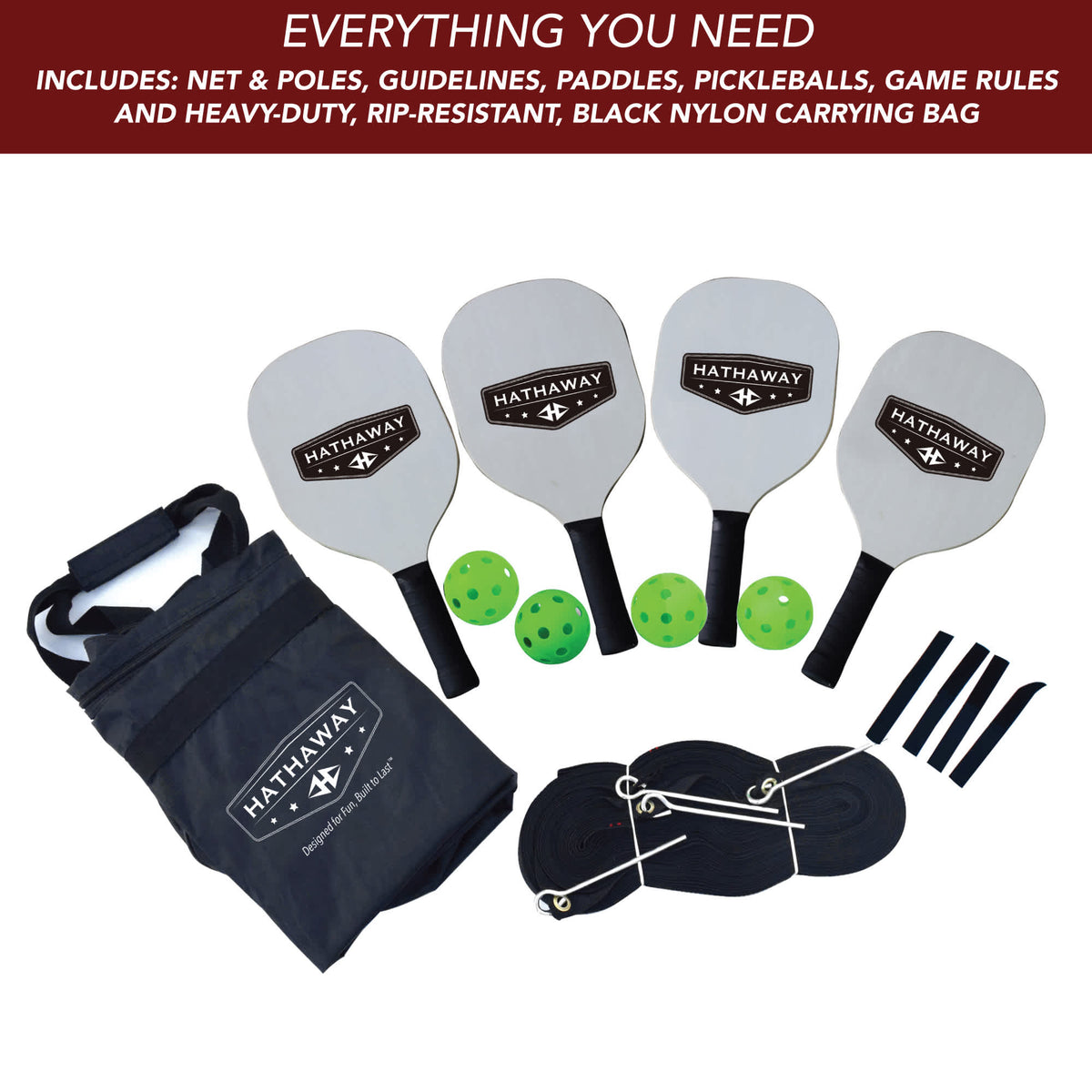 Hathaway Deluxe Pickleball Set - contents: net, poles, guidelines, four paddles, balls and carry bag