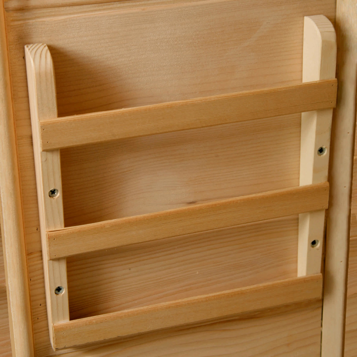 HeatWave Tucson Sauna - slatted hemlock magazine and towel rack fixed to the cabin wall