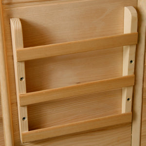 HeatWave Tucson Sauna - slatted hemlock magazine and towel rack fixed to the cabin wall