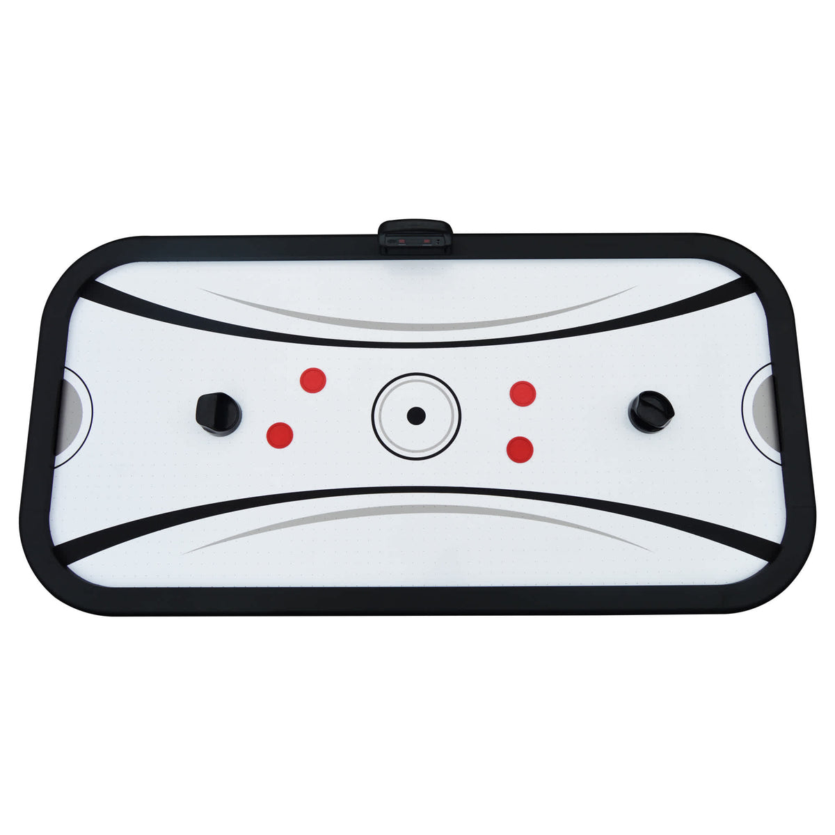 Hathaway Silverstreak Air Hockey Table - playfield from above with both strikers and four pucks
