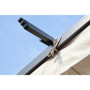 Island Retreat Pergola Canopy - canopy tie fastened over the steel cross beam against the sky