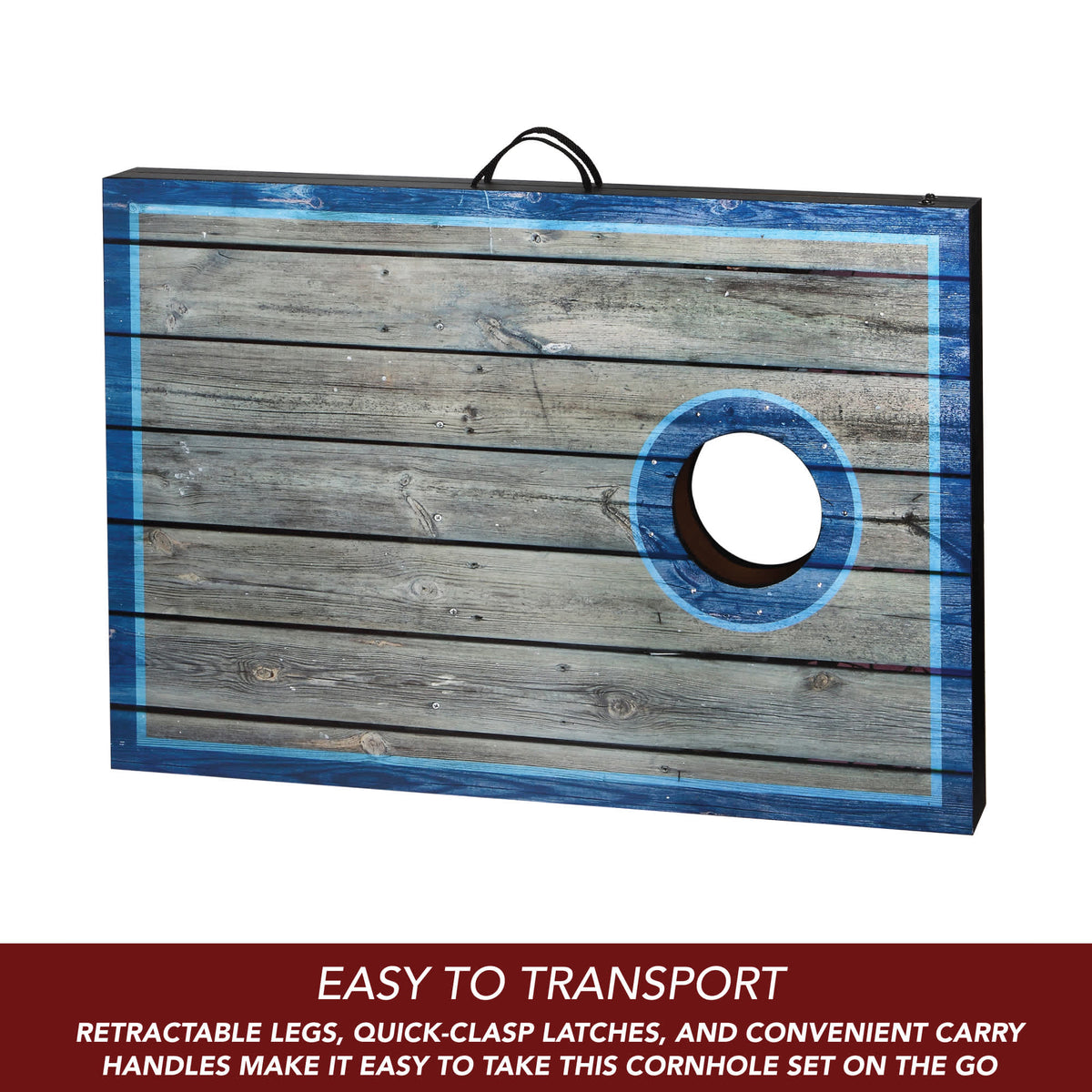 Hathaway Atlantic LED Cornhole Set - board folded flat with retractable legs and carry handle
