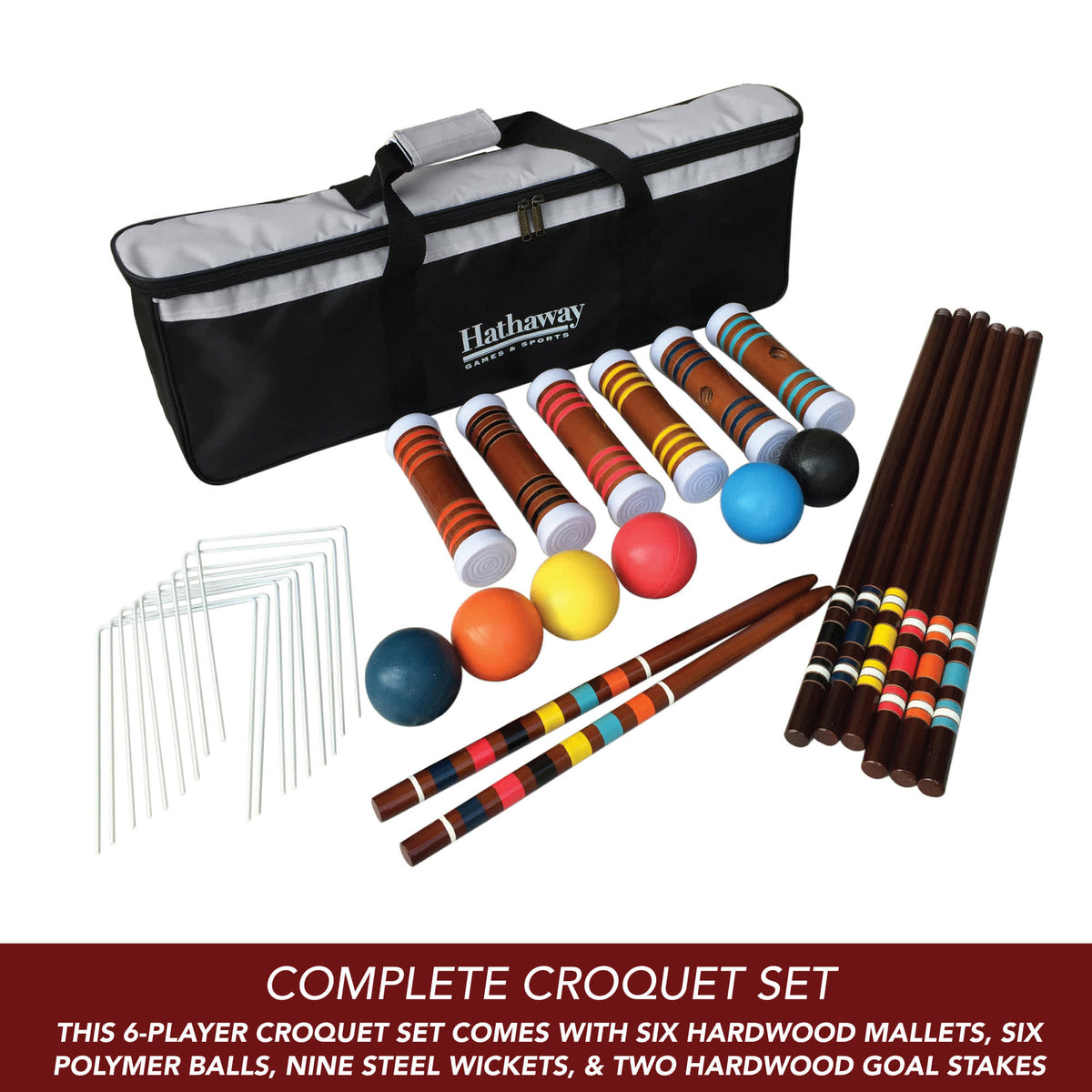 Hathaway Croquet 6-Player Set - full contents: six mallets, six balls, nine wickets and two stakes