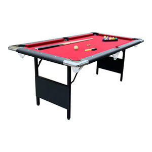 Hathaway Fairmont 6-ft Pool Table, Red - full table on white with cues, balls and chalk on the felt