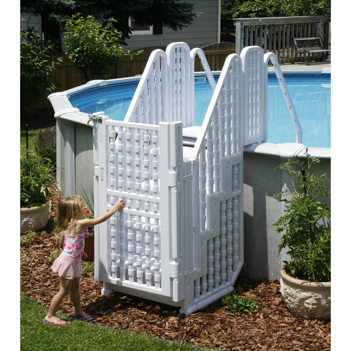 Blue Wave Easy Pool Step Entry System w/ Gate Pool Ladder &amp; Step — shown in use (2)
