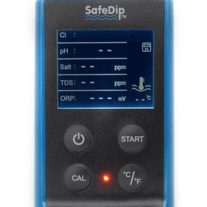Solaxx SafeDip display showing the six readings with the power, start and calibration buttons