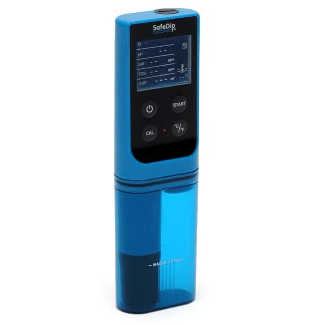 Solaxx SafeDip MET20A digital pool water tester, front view of the meter and display