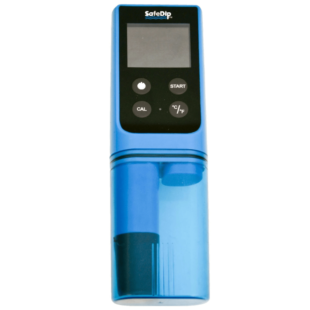 Solaxx SafeDip water tester standing upright with its sample cup fitted over the probes