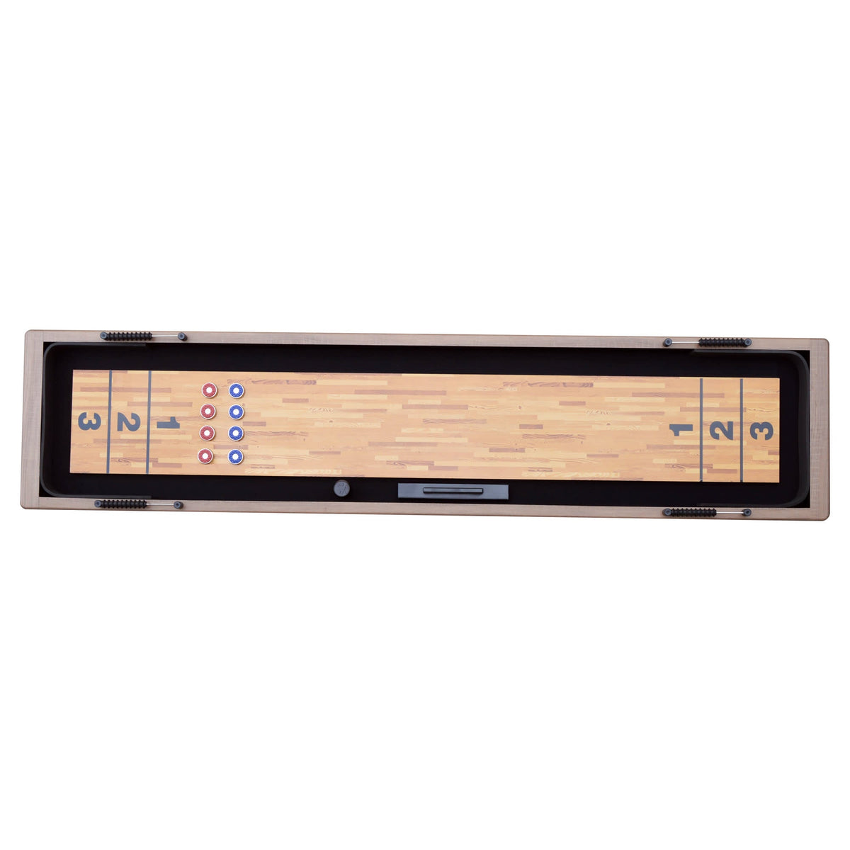Hathaway Excalibur 9-ft Shuffleboard Table - Driftwood Finish Game Room Table — dimension and specification diagram