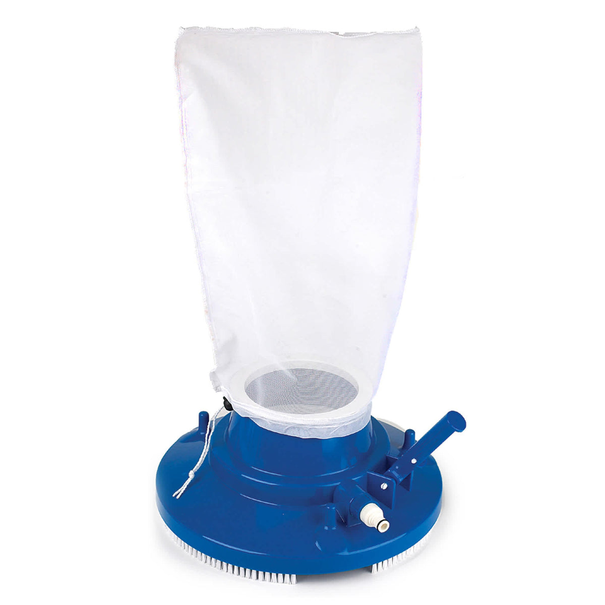 Blue Wave Ultimate Leaf Bagger - full unit on white with the mesh bag upright and hose valve fitted