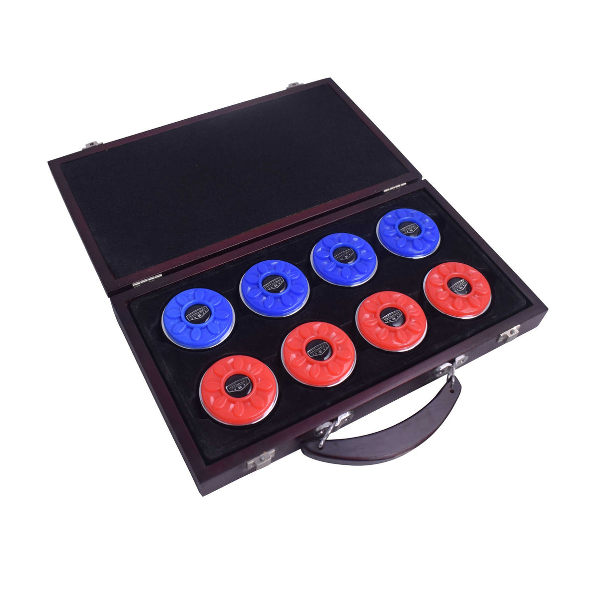 Hathaway Pro Series Shuffleboard Pucks - case open with four red and four blue pucks seated