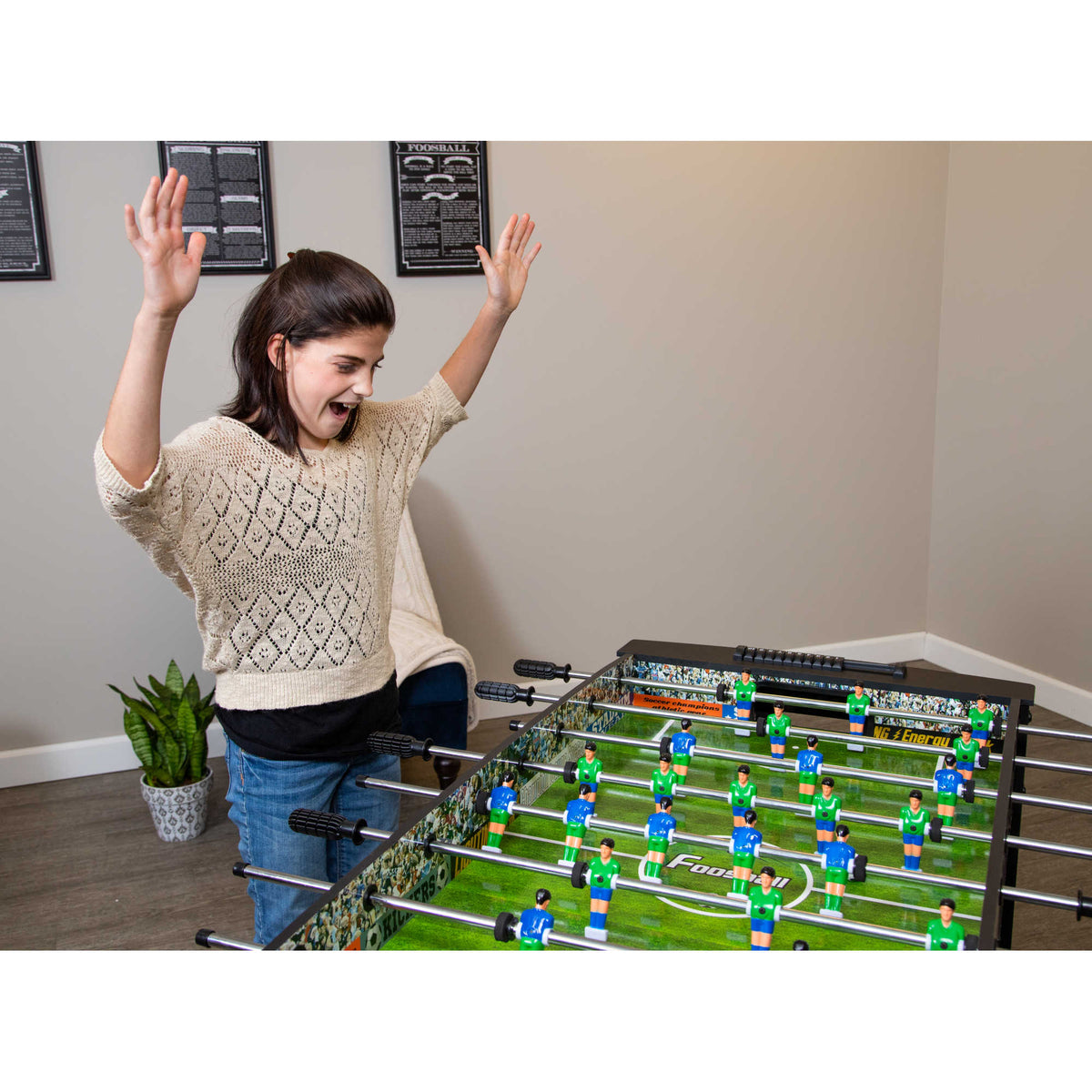 Hathaway Playoff Foosball Table - player celebrating a goal at the table