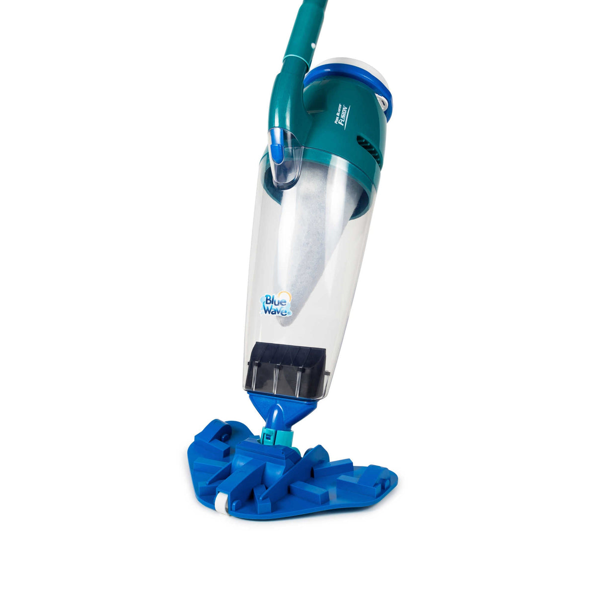 Blue Wave Pool Blaster Fusion PV-10 - upright with the clear debris canister and vac head fitted