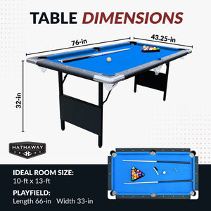 Hathaway Fairmont 6-ft Pool Table, Blue - 76 x 43.25 x 32 in; 66 x 33 in playfield, 10 x 13 ft room