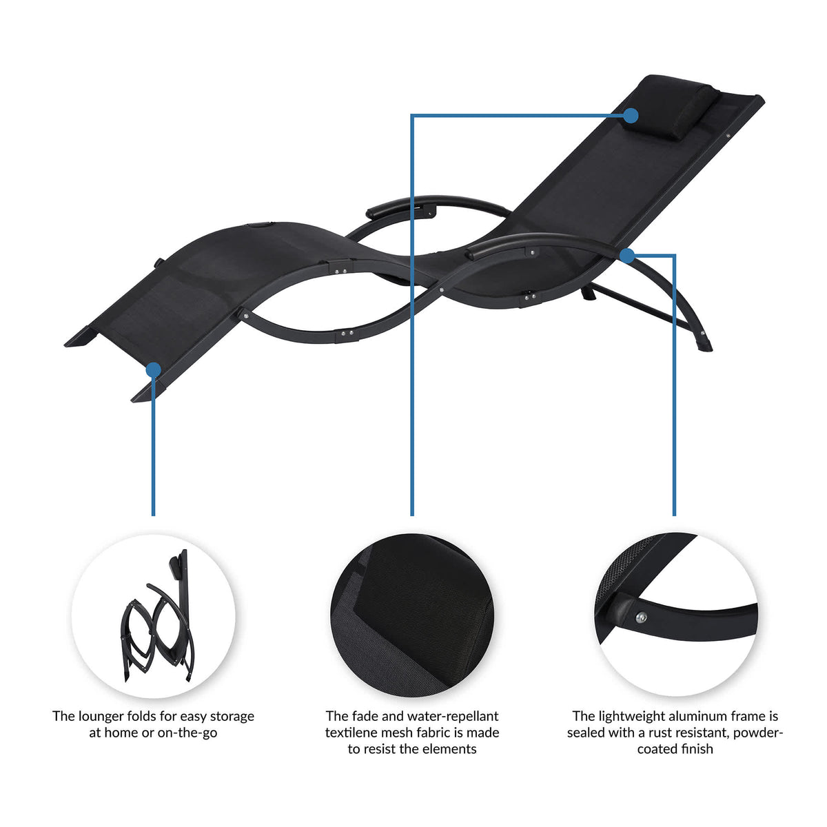Island Retreat Foldaway Lounger - folds flat for storage; textilene mesh on an aluminium frame
