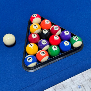 Hathaway Billiard Triangle Rack - balls racked on blue felt with the cue ball alongside