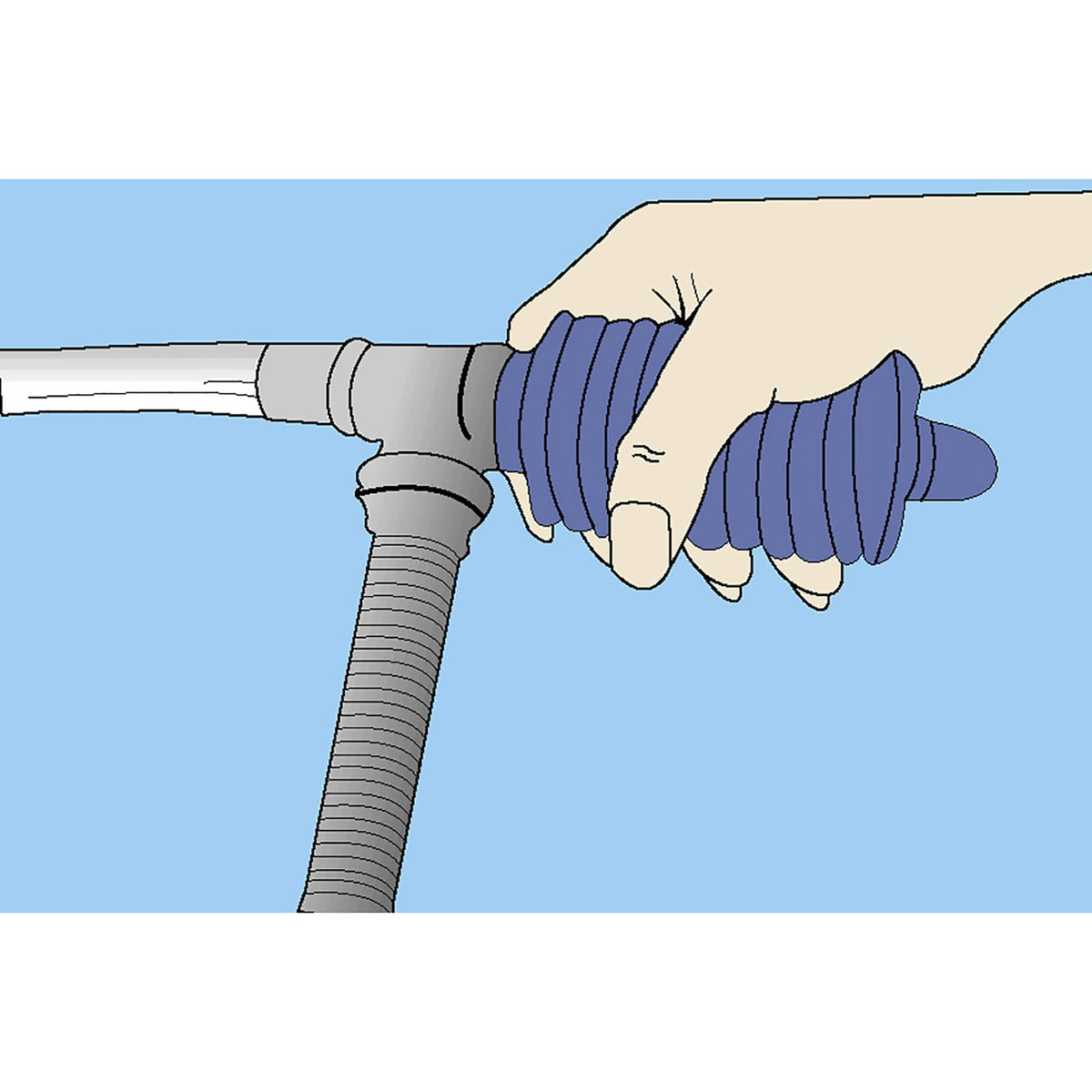 Blue Wave Winter Pool Cover Drain - illustration of the discharge hose being fitted to the drain outlet