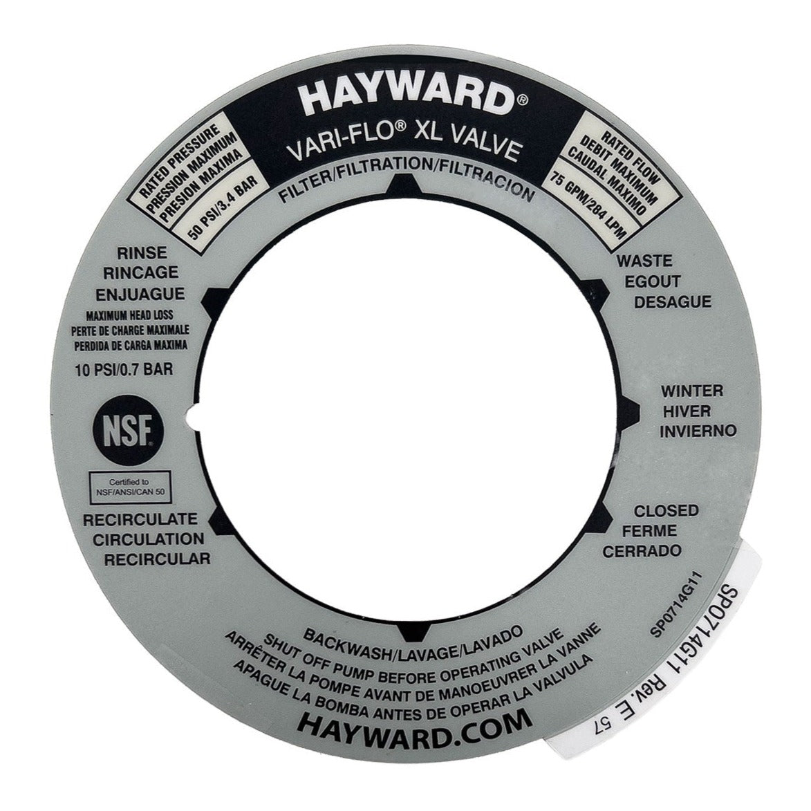 Hayward SPX0714G Label, Multi Language-En/Fr/Sp, product photo on white background