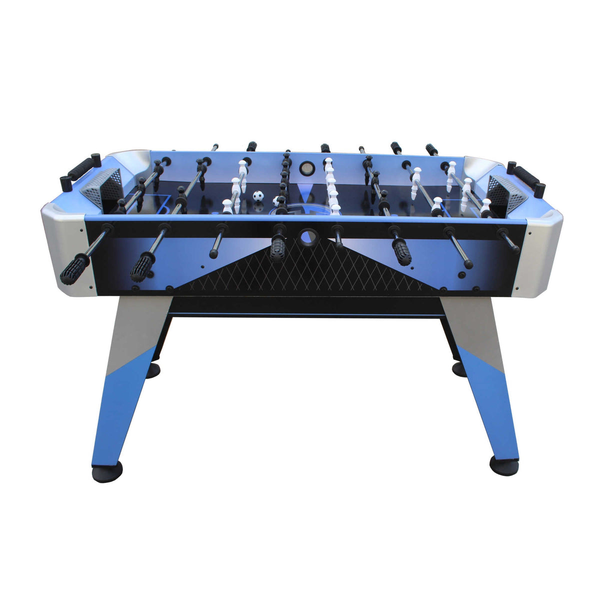 Hathaway Blueridge Foosball Table - full table from the side showing the blue cabinet and rods
