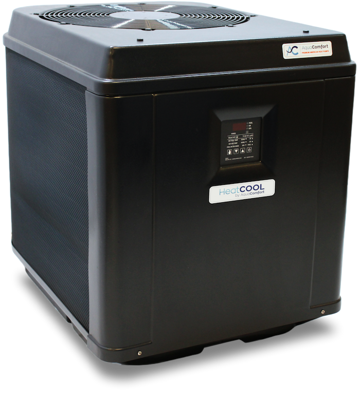 AquaComfort HeatCool pool heat pump and chiller, front view of the cabinet and control panel