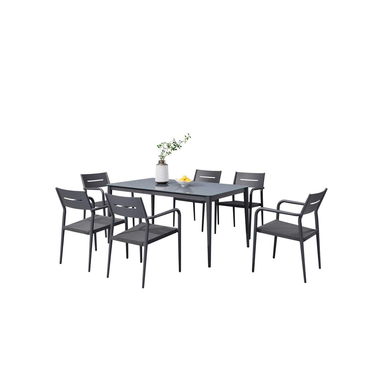 Island Retreat Bali 7-Piece Contemporary Outdoor Patio Dining Set - Slate Grey Patio Furniture &amp; Umbrella — shown in use (1)