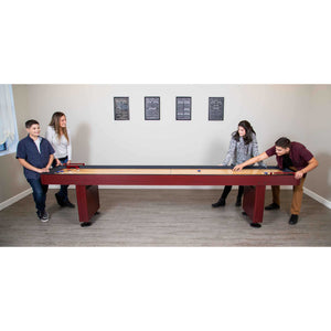 Hathaway Game Rules Wall Art - prints on the wall behind players at a shuffleboard table