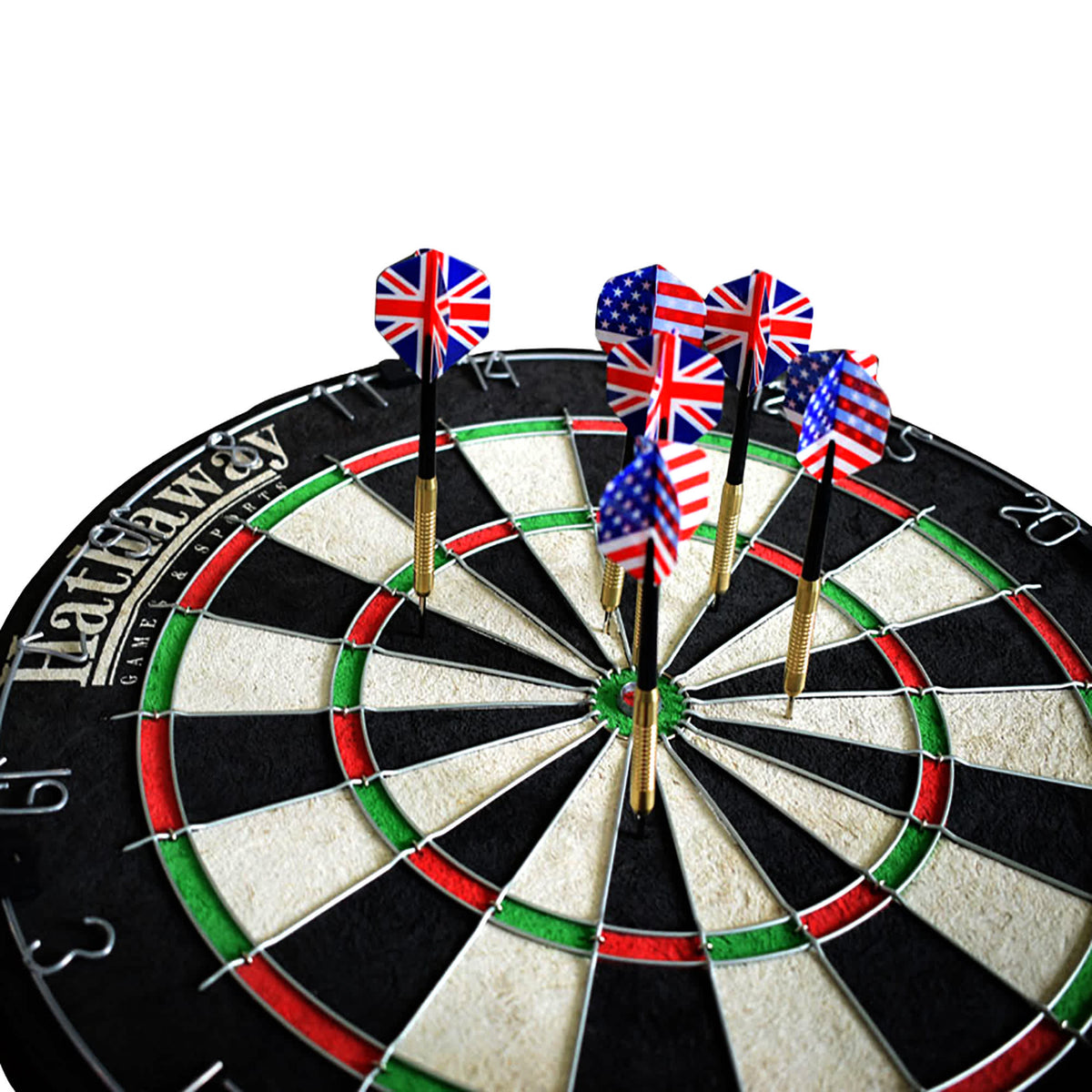 Hathaway Winners Choice Bristle Dartboard - close-up of six darts landed around the bullseye