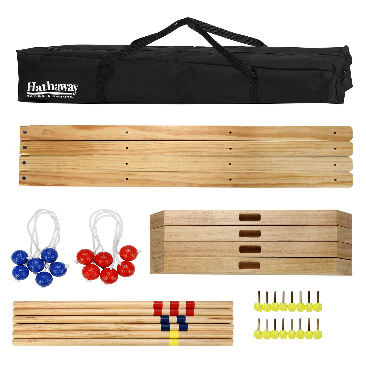 Hathaway Ladder Toss Game Set - full contents: rails, bases, uprights, bolas, knobs and carry bag