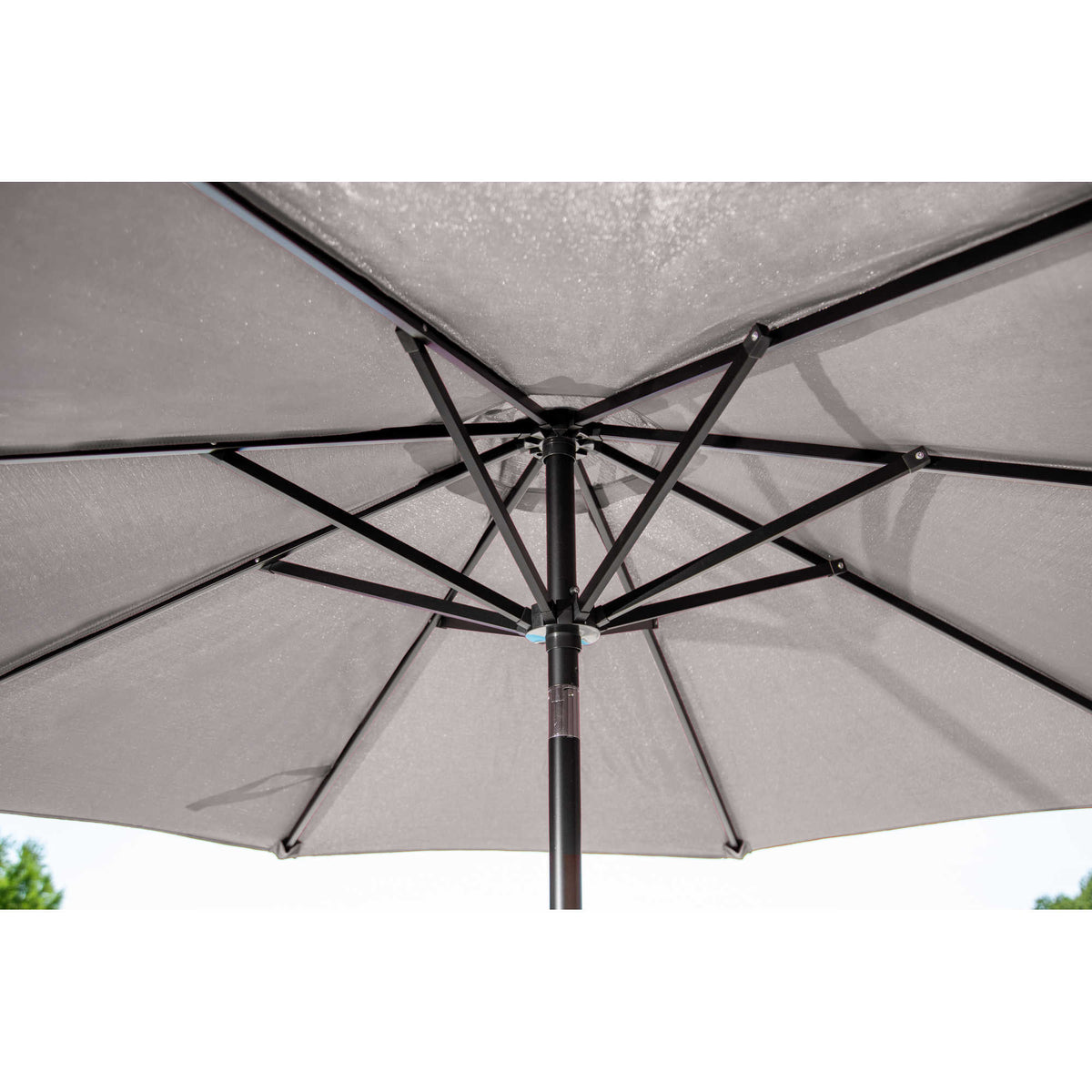 Island Umbrella Mirage Market Umbrella - underside of the grey canopy showing the rib and hub joint