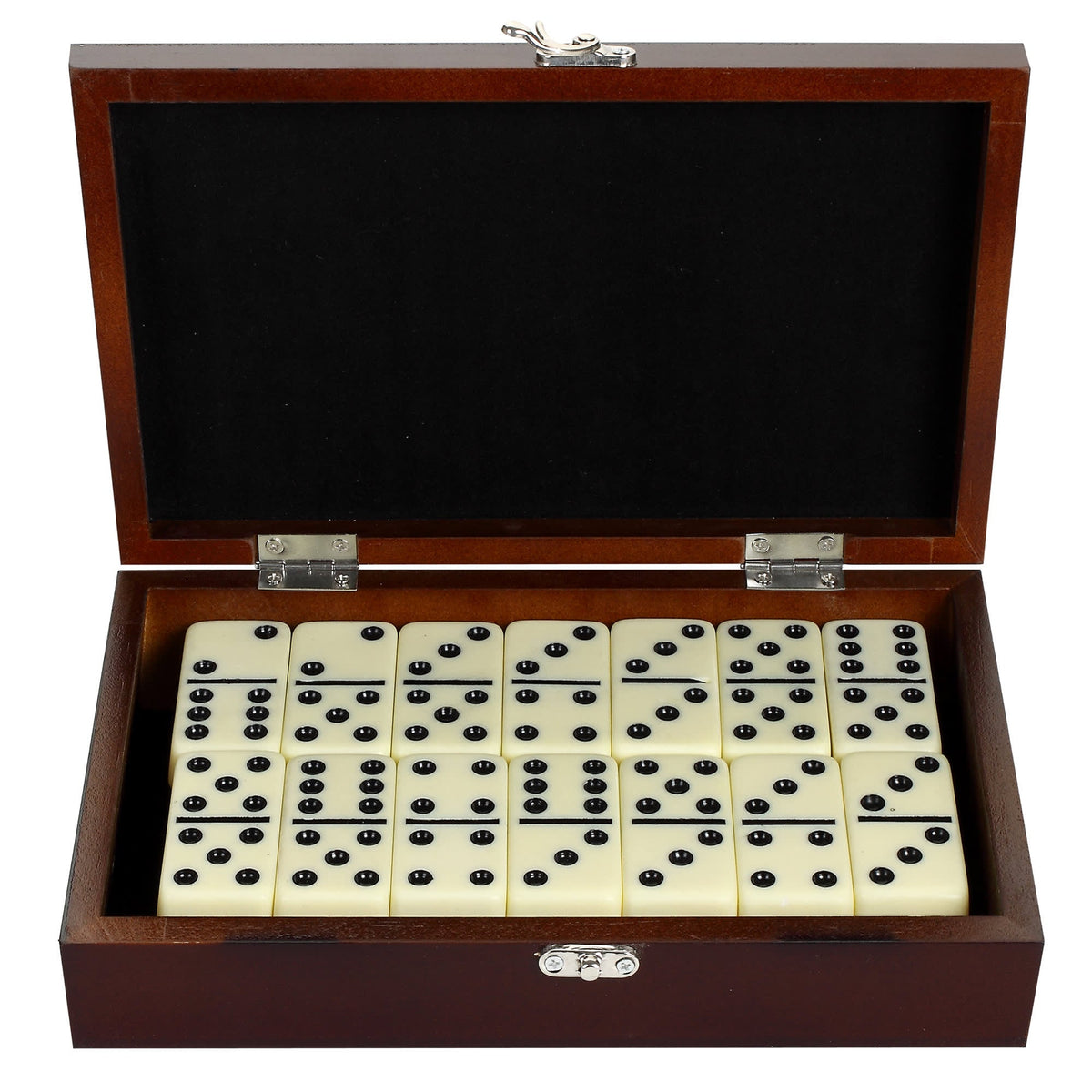 Hathaway Premium Domino Set - case open flat showing the full set on black felt