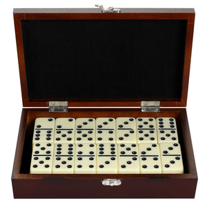 Hathaway Premium Domino Set - case open flat showing the full set on black felt