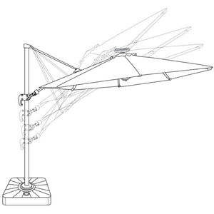 Island Umbrella Santorini Fiesta Cantilever - line drawing of the tilt and rotation range on its base