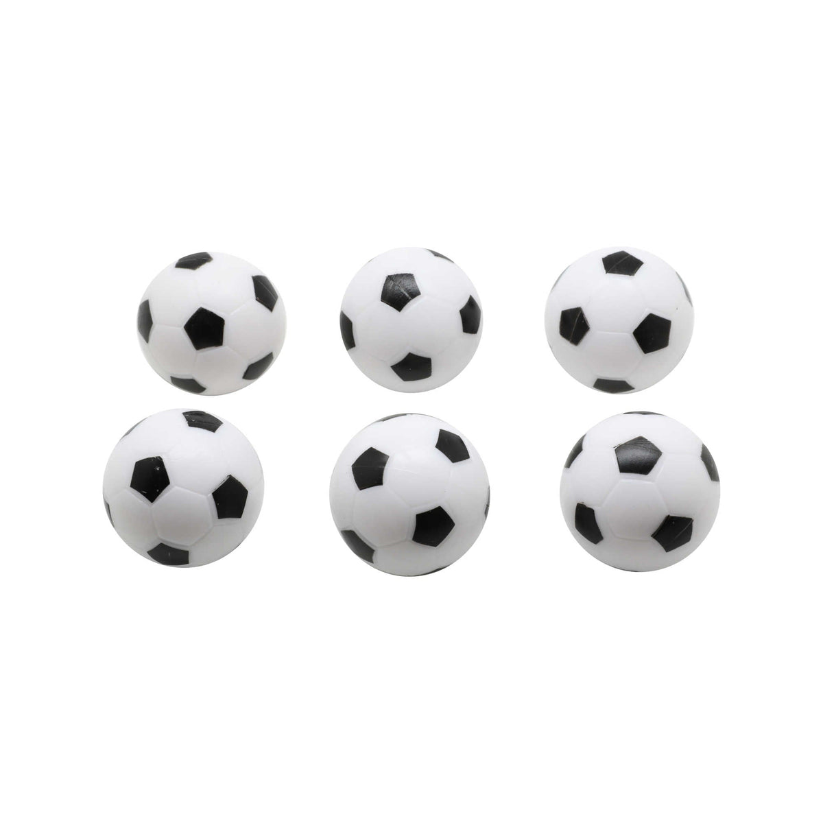 Hathaway Soccer Style Foosballs - all six balls grouped, showing the black and white panels