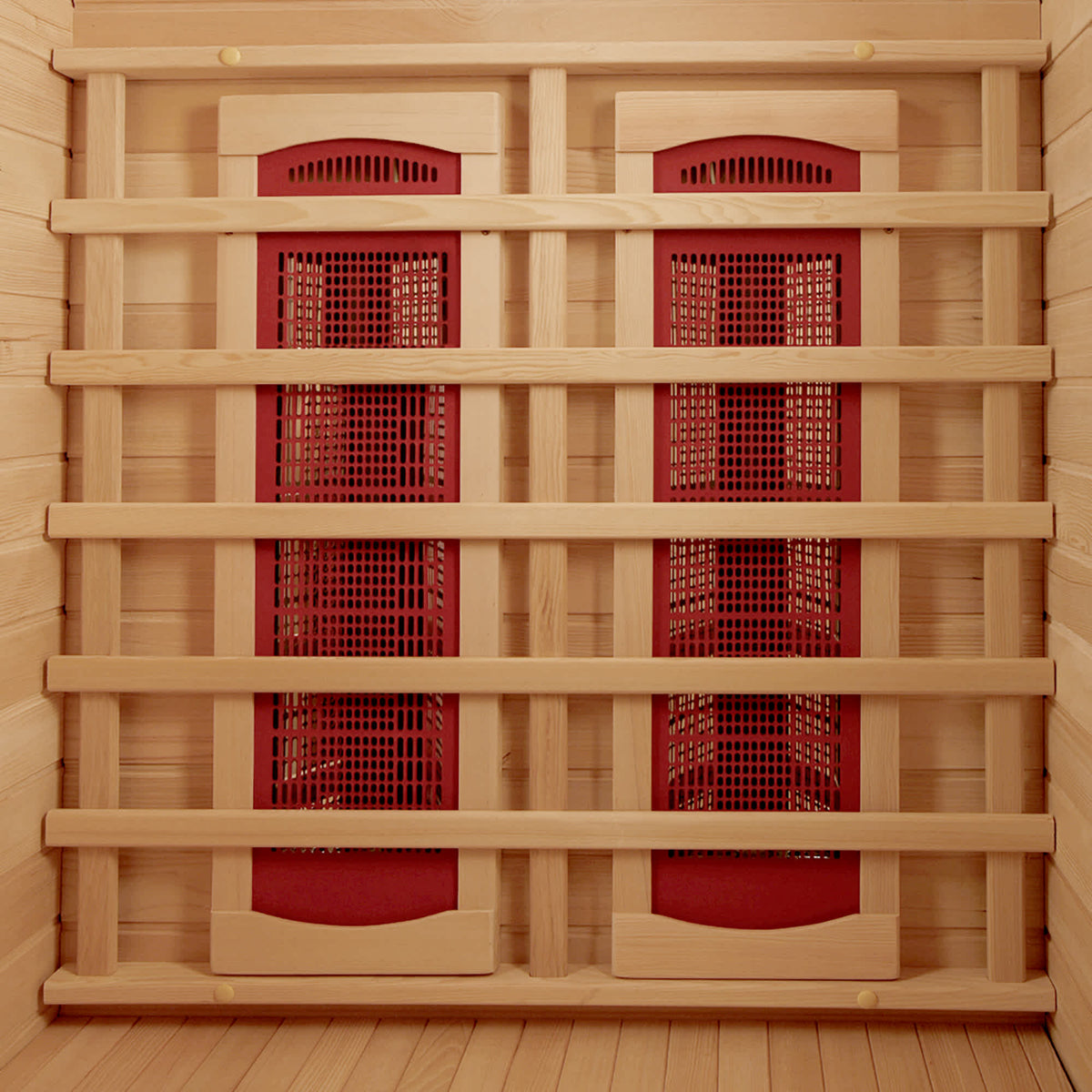 HeatWave Coronado Sauna - rear wall carbon heater panels behind the hemlock backrest slats