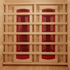 HeatWave Coronado Sauna - rear wall carbon heater panels behind the hemlock backrest slats