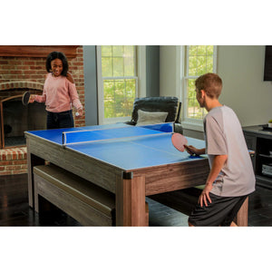 Hathaway Newport 7-ft Pool Table Combo Set with Benches - Light Oak with Red Felt Game Room Table — shown in use (1)