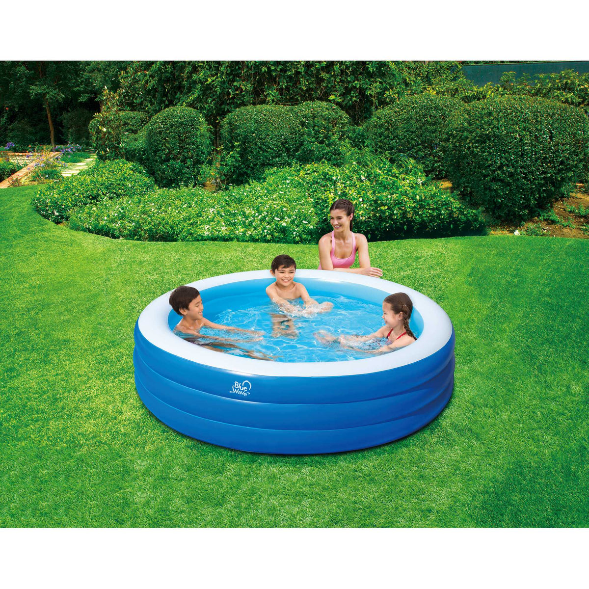 Blue Wave Inflatable Round Family Pool - children playing in the filled pool on a lawn