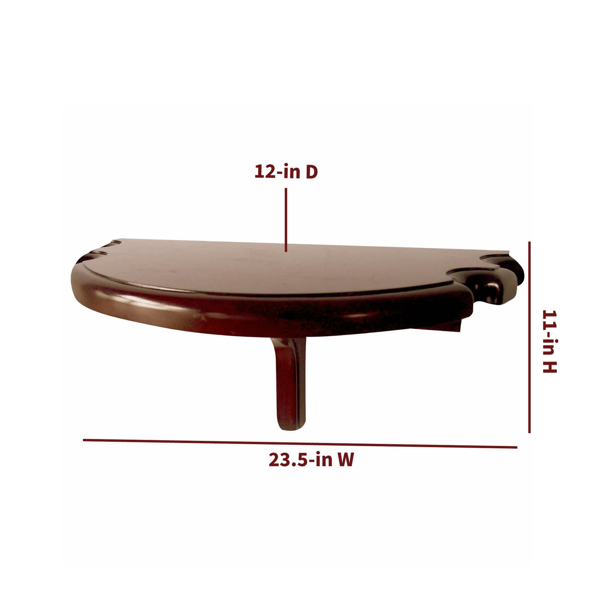 Hathaway Half Moon Wall Shelf, Mahogany - shown from the front with the support bracket below