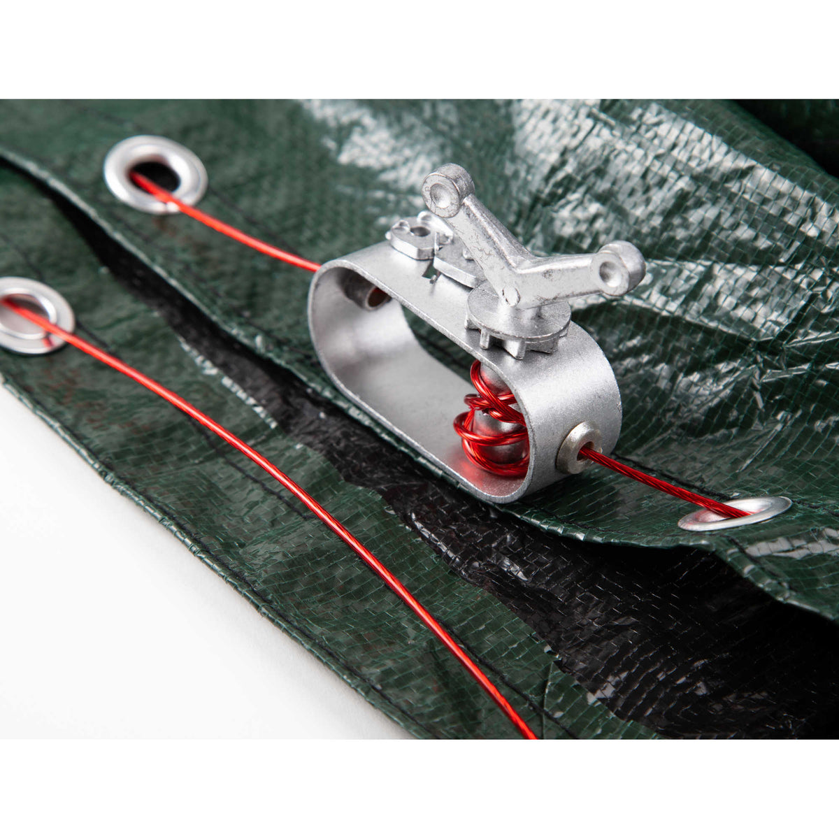 Arctic Armor 12-Year Above Ground Winter Cover - winch and cable tensioner threaded through the edge grommets