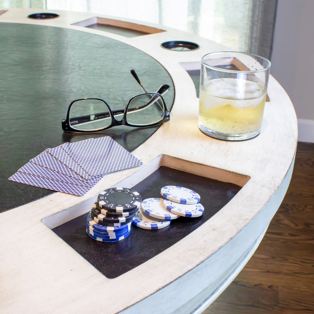 Hathaway Montecito Poker Table - chip tray and cup holder in the rail with cards and chips
