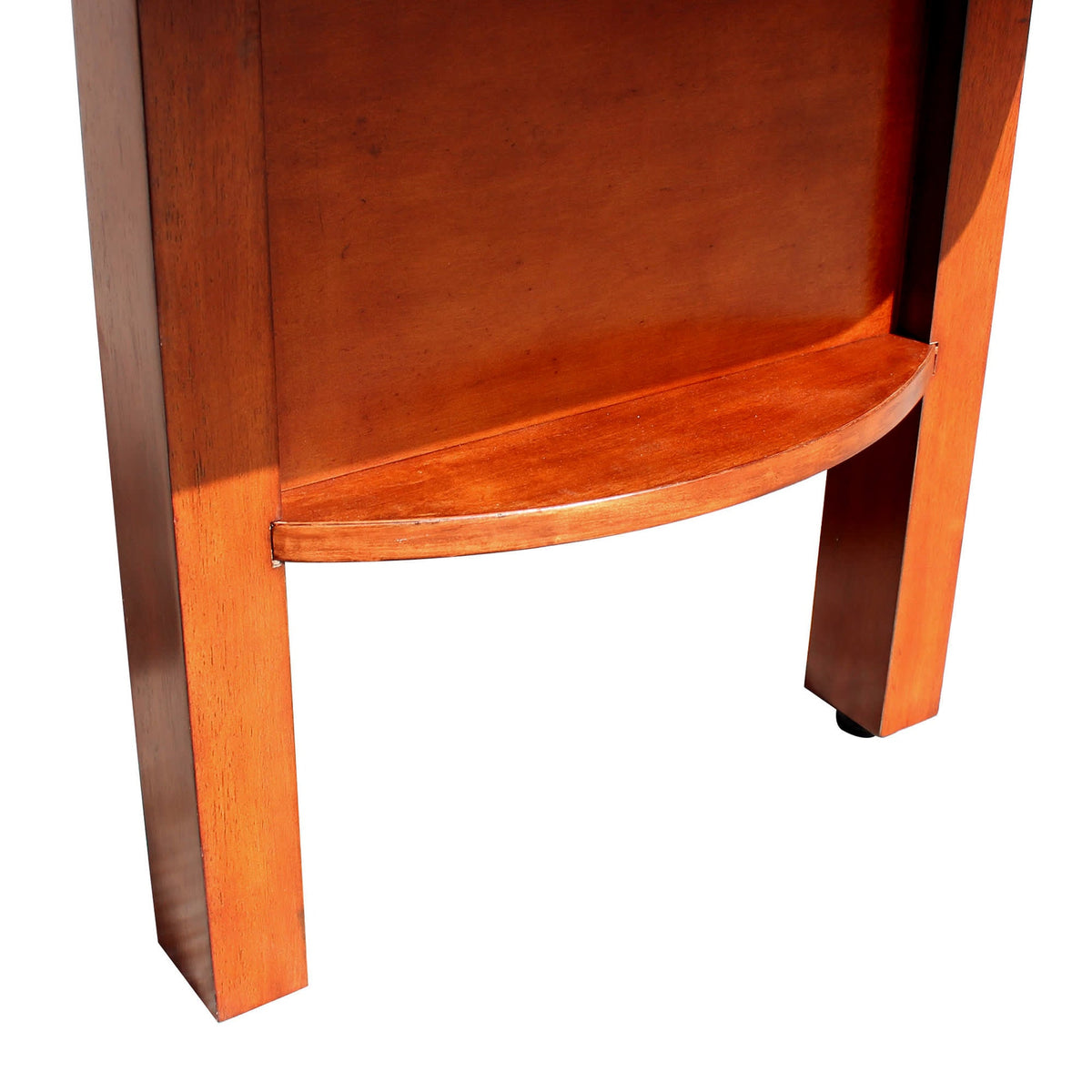 Blue Wave Merlot Shuffleboard Table - curved end shelf and cabinet joinery under the playfield