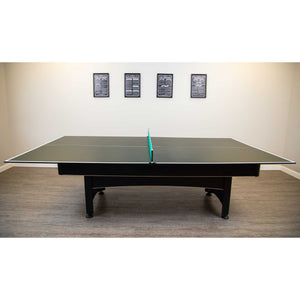 Hathaway Quick Set Table Tennis Conversion Top - head-on view of the top and net over a pool table