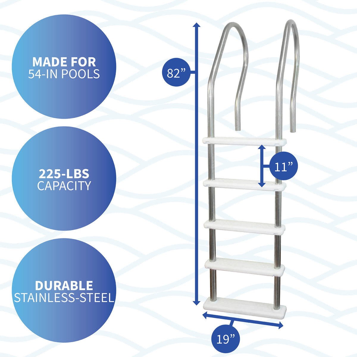 Blue Wave Stainless Reverse Bend In-Pool Ladder - 82 in high, 19 in base, 11 in rise; 54-in pools