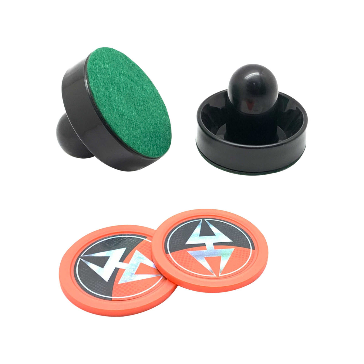 Hathaway Air Hockey Set, Black and Orange - full set laid out: two strikers and two orange pucks