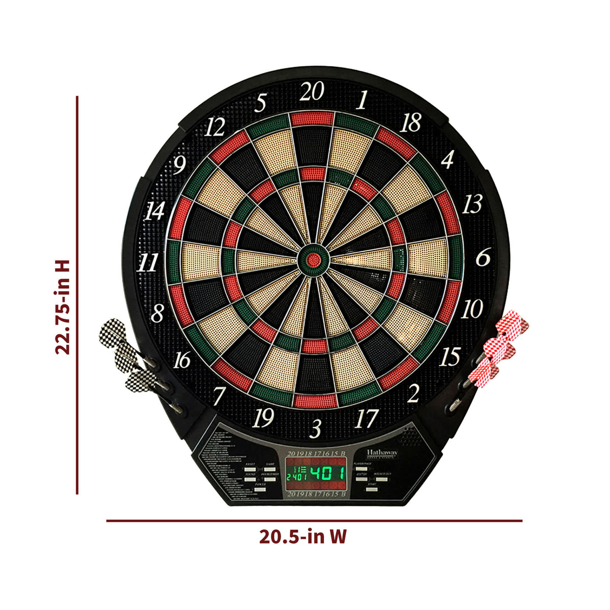 Hathaway Magnum Electronic Dartboard - 22.75 in high by 20.5 in wide with darts in the holders