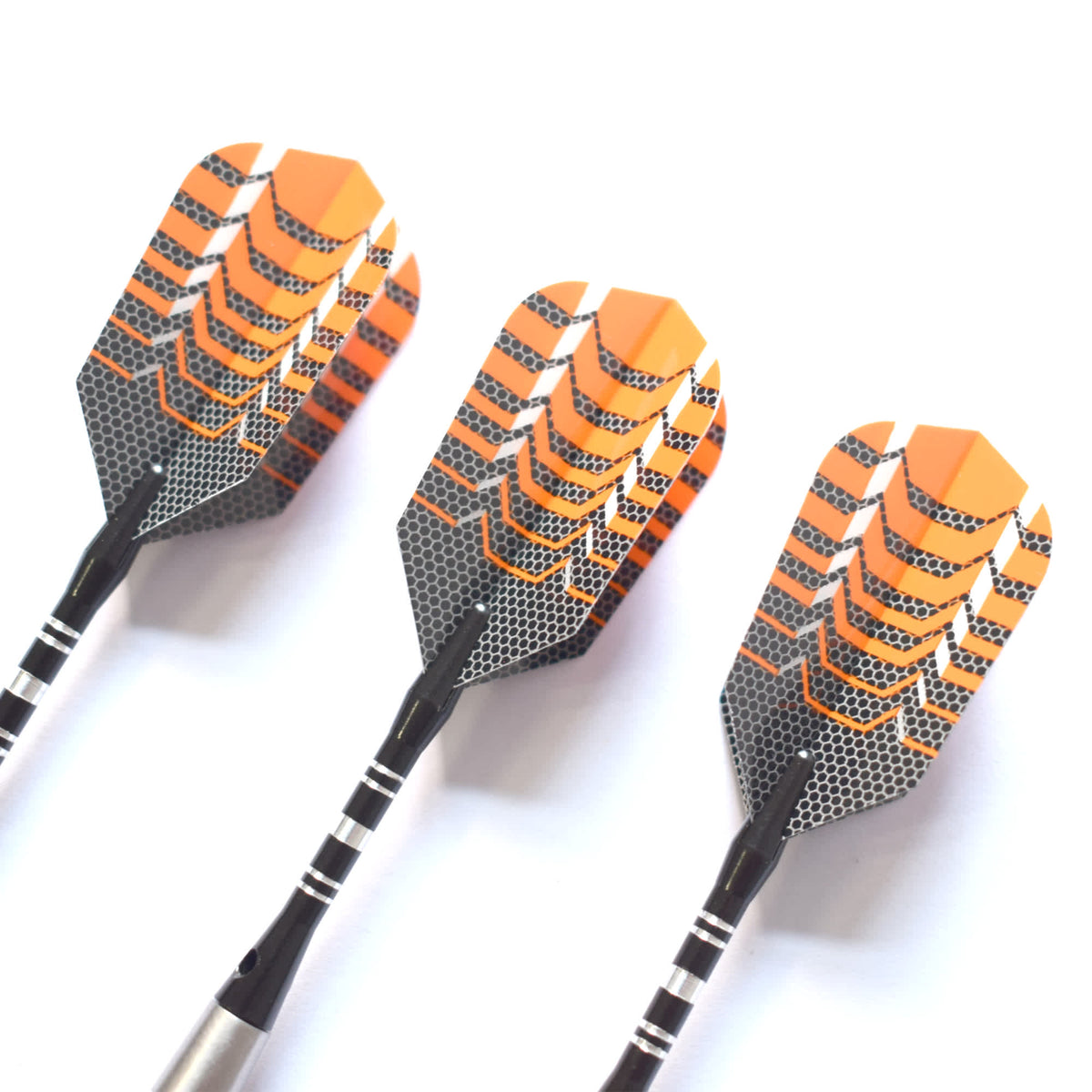 Hathaway Spartan Soft Tip Darts - three orange and grey flights fanned out on their shafts