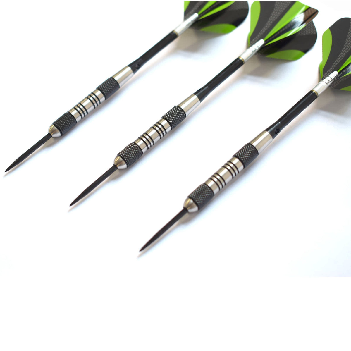 Hathaway Dublin Steel Tip Darts - three darts laid out with knurled tungsten barrels